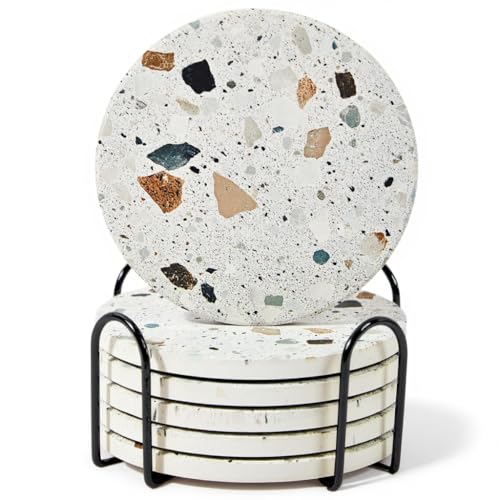 Terrazzo Coasters Set of 6, Colorful Boho Absorbent Ceramic Coasters | Speckled terrazzo drink coasters for coffee table & desk; moisture-absorbing stone, boho home decor, housewarming gift - color: Granite Black Holder
