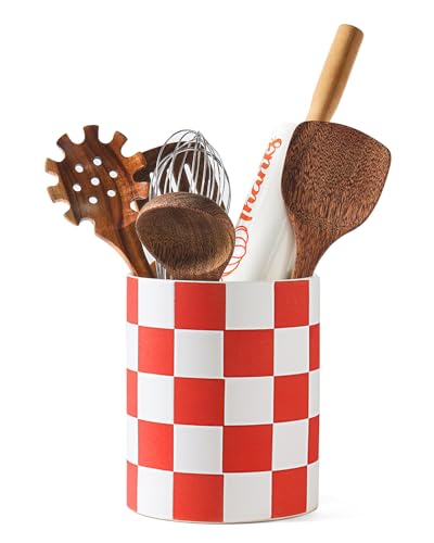 Utensil Holder, 7.2 Inch Checkered Utensil Holder, Ceramic Cooking Utensil Spoon/Spatula Holder for Countertop, Kitchen Decor and Accessories for counte(Red) - color: red