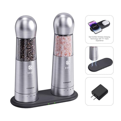 COSPRO Electric Salt and Pepper Grinder Set of 2 – Rechargeable Stainless Steel Mills with Qi-Wireless Charging Base | One-Hand Operation | Adjustable Coarseness | Easy Clean | Automatic Spice Grinder - size: Set of 2