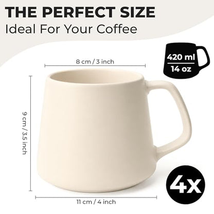 MIAMIO - Coffee Mugs Set of 4, Ceramic, Large (14oz) - Luxe (Cream Rose) | Large Ceramic Coffee Mugs for Cappuccino, Tea and Coffee, 4-piece set, Coffee Mugs with saucers - dishwasher safe - color: Cream Rose