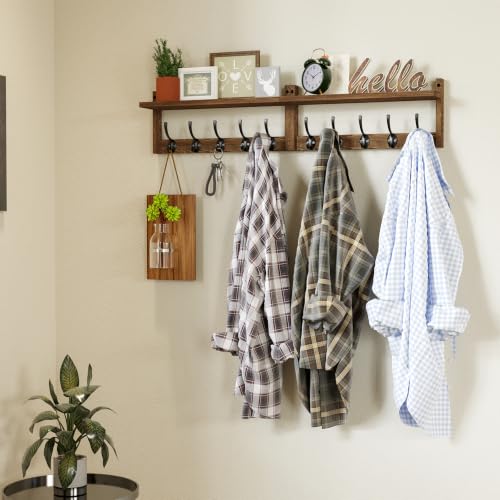 AMBIRD 34.2 inch Wooden Extra-Long Wall Hook Rack with Shelf - Versatile and Decorative Wall-Mounted Storage - 10 Hooks for Hanging Coats, Hats, Scarves - Ideal for Entryways, Bedrooms, Closets - size: 34.2 inch, style: Retro Brown