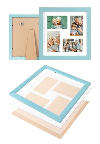 Rustic Solid Wood Square Collage Photo Frame 12x12 inch – Display Four (4) 4x6 inch Pictures with Mat Wall Hanging Tabletop - Blue - color: Blue