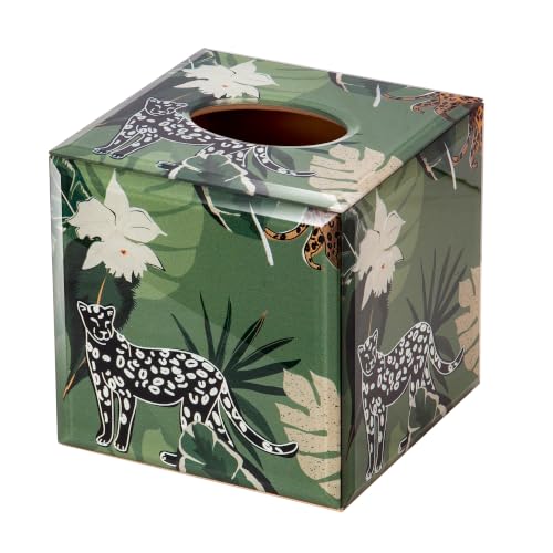 Square Glass Tissue Box Cover Green Jungle Leopard Print Decor | Glass material, velvet lining, anti-discoloration, bedroom kitchen office use, home ornament, practical decorative gift - color: Green, size: Square