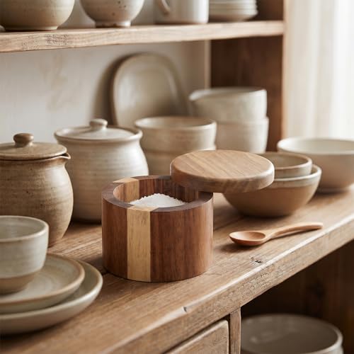 Grevosea Salt Cellar, Acacia Wood Salt Container with Swivel Magnetic Lid | Elegant Kitchen Salt Container Holder for Pepper Spice Bath Salt Sea SaltStorage 360° Rotating Countertop Box 6oz