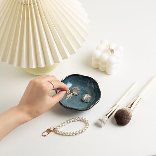 BEUNAIZER Ceramic Ring Dish, 4.3 in Flower Jewelry Tray with Raised Sides | Keeps rings, earrings, keys and hair accessories visible on a vanity, nightstand or bathroom counter. - color: blue