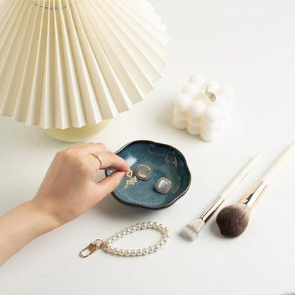BEUNAIZER Ceramic Ring Dish, 4.3 in Flower Jewelry Tray with Raised Sides | Keeps rings, earrings, keys and hair accessories visible on a vanity, nightstand or bathroom counter. - color: blue