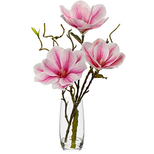 Faux Flowers in Vase 15.4" Magnolias Flowers Arrangement with Faux Water Real Touch Flowers for Wedding Table Centerpiece Home Decor, Pink - color: Pink-magnolia