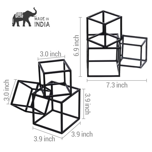 MyGift Modern Black Metal Geometric Bookends, Decorative Book Ends Stands for Home Library Bookshelf Office Desk, 1 Pair, Handcrafted in India, 3 Cube Frame Design