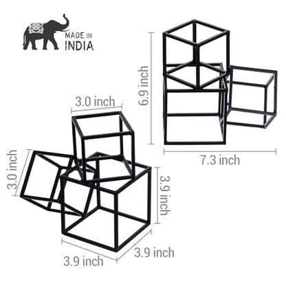 MyGift Modern Black Metal Geometric Bookends, Decorative Book Ends Stands for Home Library Bookshelf Office Desk, 1 Pair, Handcrafted in India, 3 Cube Frame Design