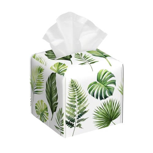 Green Tropical Leaves Tissue Box Cover Square,Watercolor Plant Palm Leaves Tissue Box Holder Waterproof Leather Facial Paper Organizer Dispenser for Bathroom Home Car Nightstand Vanity Desk - color: Color-23