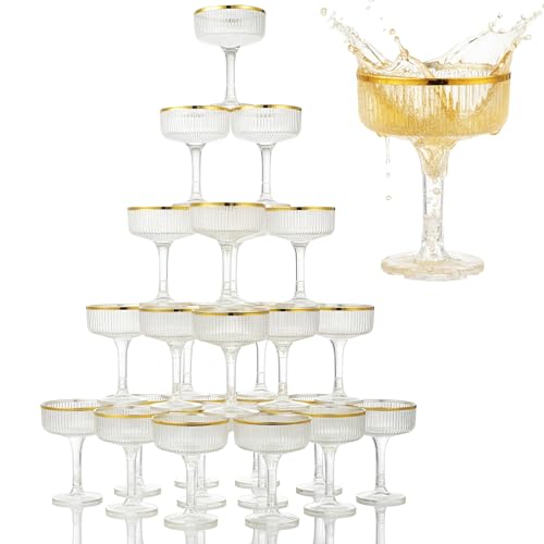 Set of 55 Champagne Tower 7 oz Plastic Champagne Coupe Glasses Set Stackable Plastic Ribbed Martini Glasses Unbreakable Acrylic Cocktail Coupe Cups for Wedding Birthday (Glitter,Gold) - color: Gold, size: Glitter