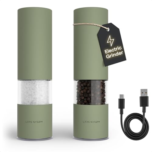 LARS NYSØM Electric Salt and Pepper Grinder Set I Automatic Salt and Pepper Mills with Adjustable Ceramic Grinder I USB Rechargeable Electric Spice Mill Set with LED Light (Sage Green) - color: Sage Green, size: Set of two electric mills