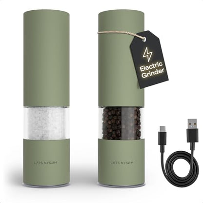 LARS NYSØM Electric Salt and Pepper Grinder Set I Automatic Salt and Pepper Mills with Adjustable Ceramic Grinder I USB Rechargeable Electric Spice Mill Set with LED Light (Sage Green) - color: Sage Green, size: Set of two electric mills
