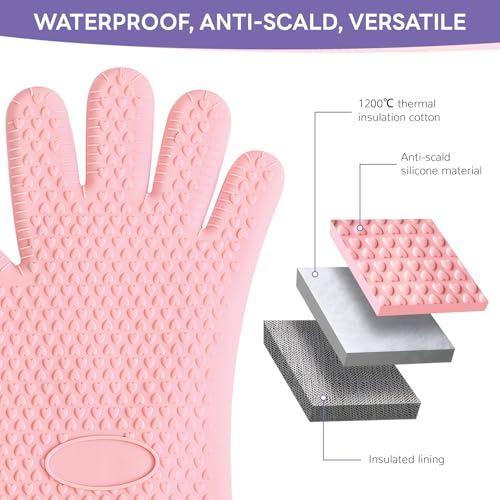 1 Pair Oven Mitts, Heat Resistant Protective Oven Gloves, Cotton Lined Silicone Kitchen Mitts Pair, Nonslip Silicone Cooking Gloves with Fingers (Pink) - color: Pink