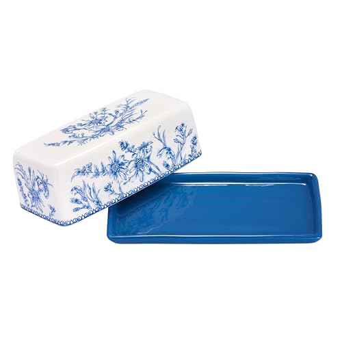 Bico Blue Garden Toile De Jouy Ceramic Butter Dish with Lid, Wide Butter Keeper for Counter, Kitchen Countertop, Microwave and Dishwasher Safe - color: Blue Garden Toile De Jouy