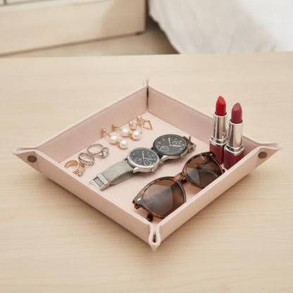 Faux Leather Vanity Tray,Jewelry Holder,Light Pink | Soft-toned vanity tray for makeup, jewelry and beauty essentials on dressers, vanities and bedside tables. - color: Pink
