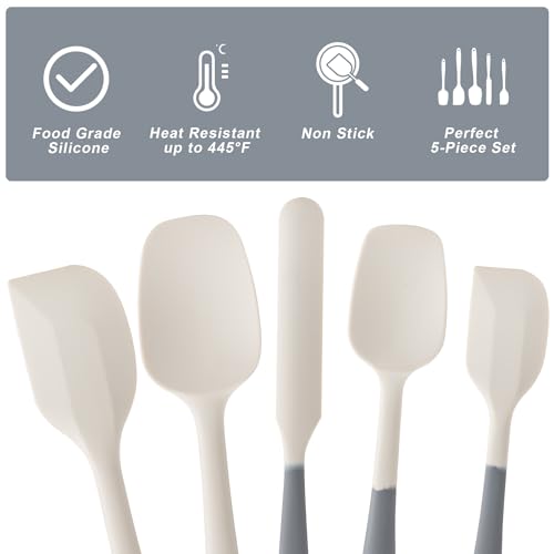Silicone Spatula Set,5 Piece Food Grade Rubber Spatulas,Gray+White | Spatulas Silicone Heat Resistant for Baking,Cooking,and Mixing High Heat Resistant Non Stick Dishwasher Safe BPA-Free - color: Gray white