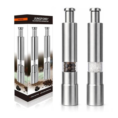 [2 Pieces] Premium Stainless Steel Salt Grinder and Pepper Mill Set for Pepper Sea Salt Himalayan Salt and Spices with Thumb Button for One Hand Operation