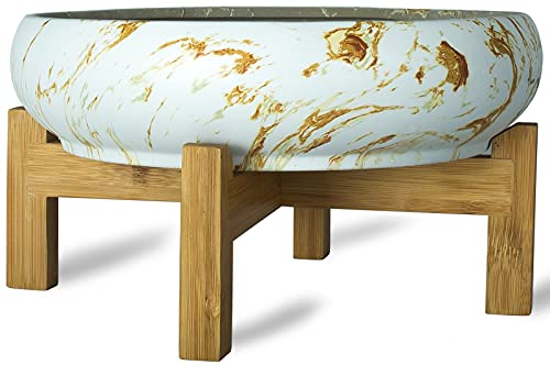 ARTKETTY Bonsai Pots, 10 Inch Large Succulent Pots with Drainage Stand | Ceramic Plant Pots with 2.2lb Mix Pebbles, Planting Tools Set for Beginner, Shallow Planters for Indoor Cactus Flower Plants - color: White&golden With Tools