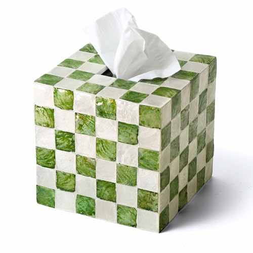5.5" Capiz Checkered Square Tissue Box Cover, Pistachio Green | Handmade Decorative Tissue Holder With Capiz Shell Inlay, Cute Green Tissue Box Cover For Kleenex For Bathroom, Coffee Table - color: Pistachio Green
