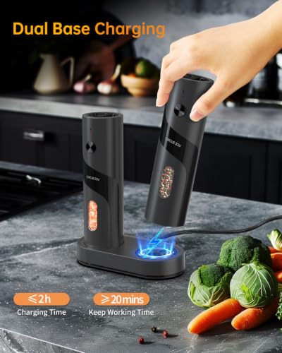 CIRCLE JOY Electric Rechargeable Salt and Pepper Grinder Set Top-Refill Automatic Pepper Mill Grinder with Charging Base, Adjustable Coarseness, Easy Filling Larger Capacity with Led for Home Kitchen - color: Black