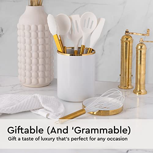 Gold Kitchen Utensils Set – 6 PC White Silicone and Gold Cooking Utensils with Spatula, Whisk, Tongs, Spoons, Cooking Tools for Nonstick Cookware – Luxury Kitchen Accessories for Home Chefs | White Silicone and Gold Cooking Utensils with Spatula, Whisk, T