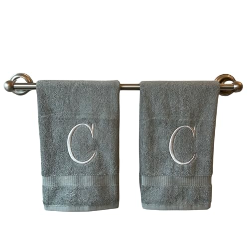 Gray with Silver Monogrammed Hand Towels for Bathroom - Set of 2 Letter C | Luxury Hotel Quality Initial Towels For Powder Room, Spa, GOTS Organic Certified - color: Gray With Silver, size: Initial C