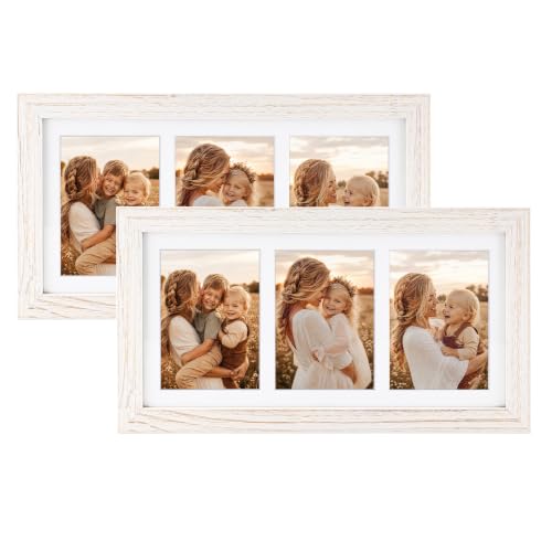 Golden State Art Collage Frame 7x14 for 3 4x6 Photos Wood Distressed White | 2 Pack, Clear Real Glass & White Mat, Horizontal Vertical Display Multi Pictures For Gallery Wall, Home Decor & Holiday Gift - color: Distressed White With White Mat, size: 2 Pac