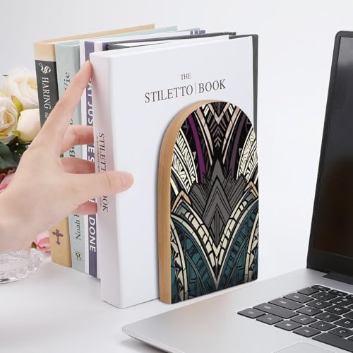 Art Deco Geometric Pattern Wood Bookend for Shelves 1 Pair | Large Beech Wooden Book Ends with Metal Base, Non-Slip Heavy Duty Bookends, Decorative Book Stopper for Home Office Library