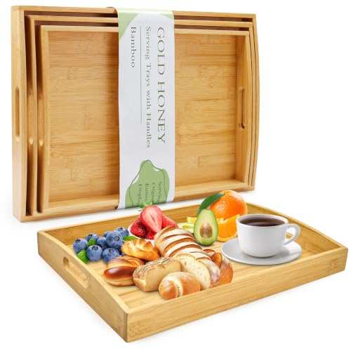 Bamboo Serving Tray with Handles, Wooden Serving Tray Set of 3 | Decorative Serving Trays with Handles for Living Room, Bathroom, Bedroom, Kitchen, Outdoor and Storing - 17x13in, 16x12in - color: 3pcs Bamboo Color