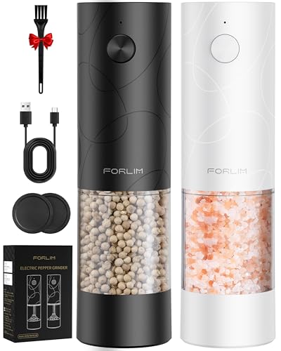 FORLIM Electric Salt & Pepper Grinder Set, Rechargeable 2 Pack, Black White | One-Hand Control for Home Cooks, BBQ, Meal Prep and Dining; 3.38 oz Removable Clear Cups, White LED, 7 Settings, Ceramic Core - color: White & Black