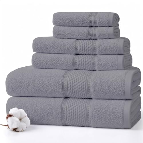 SKY BEDDINGS 100% Cotton Luxury Bath Towel Set - 6 Pieces - 2 Bath Towels, 2 Hand Towels, 2 Washcloths - Ring Spun - Super Soft & Highly Absorbent Towels for Bathroom, Hotel & Spa - Light Grey - color: Light Grey, size: 6 Piece Towel Set