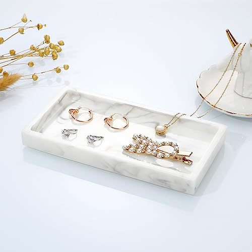 Emibele Bathroom Vanity Tray Countertop, 8" Rectangular Marble Resin Tray | Dresser Kitchen Sink Tray, for Jewelry Cosmetic Perfume Soap Candle, Compact Lightweight Waterproof, Mini Size, Marble White - color: Ink White, size: 7.7" x 3.9" x 0.8"