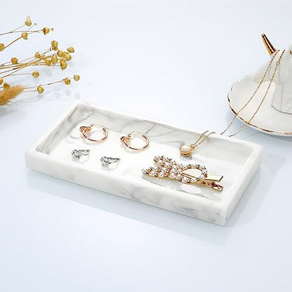 Emibele Bathroom Vanity Tray Countertop, 8" Rectangular Marble Resin Tray | Dresser Kitchen Sink Tray, for Jewelry Cosmetic Perfume Soap Candle, Compact Lightweight Waterproof, Mini Size, Marble White - color: Ink White, size: 7.7" x 3.9" x 0.8"