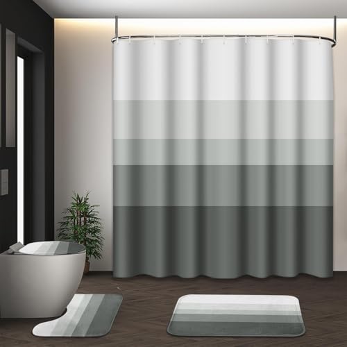 Bathroom Sets with Shower Curtain and Rugs, 4 Pcs Ombre Striped | Minimalist Neutral Modern Bathroom Decor Set with Toilet Lid Cover, Non-Slip Bath Mats and Accessories 12 Hooks - color: Ombre Grey