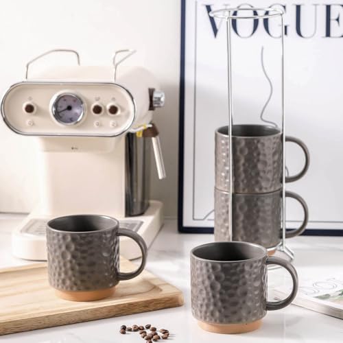 Nihow 16 Oz Ceramic Coffee Mug Set of 4 with Stackable Stand,Matte Gray | Stackable, Stainless Stand Included, Cappuccino & Tea, Hot/Cold Drinks, Dishwasher & Microwave Safe - color: Matte Gray, size: 16 oz With Stand