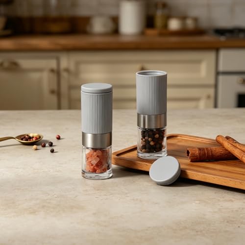 Mini Salt and Pepper Grinder Set, Small Tiny Adjustable Coarseness Ceramic Salt Grinder with Funnel and Bag Portable Handy Spice Pepper Mill Shaker For Outdoor Party Lunch Bag Kitchen Grey - color: Grey 2-Pack