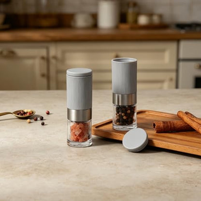 Mini Salt and Pepper Grinder Set, Small Tiny Adjustable Coarseness Ceramic Salt Grinder with Funnel and Bag Portable Handy Spice Pepper Mill Shaker For Outdoor Party Lunch Bag Kitchen Grey - color: Grey 2-Pack