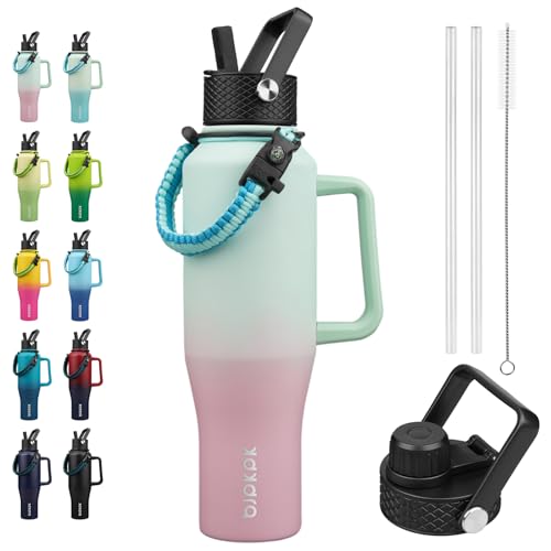 BJPKPK 40oz Insulated Water Bottle with Handle & Straw Lid, Stainless Steel | Vacuum Insulated with Straw Lid & Spout Lid, Paracord Strap, Keep Cold & Hot, Leak-Proof, BPA-Free, for Gym, Hiking, Travel - color: Marshmallow, style: 40oz-Side Handle