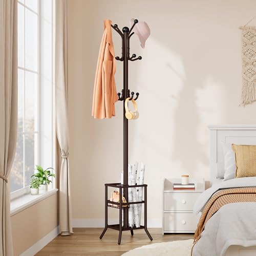 FAVOOSTY Coat Rack Freestanding,Coat Rack Stand with Umbrella Holder,Metal Coat Tree with 12 Hooks,Tree Clothes Hat for Entryway, Hallway, Bedroom, Living Room & Office -Brown - color: Brown