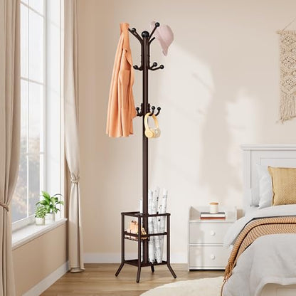 FAVOOSTY Coat Rack Freestanding,Coat Rack Stand with Umbrella Holder,Metal Coat Tree with 12 Hooks,Tree Clothes Hat for Entryway, Hallway, Bedroom, Living Room & Office -Brown - color: Brown