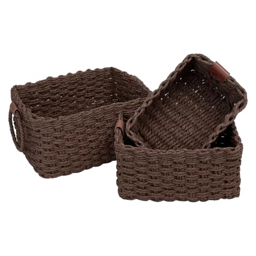 Paper Rope Storage Baskets Set of 3, Handwoven Decorative Wicker Organizer Bins with Handles for Shelves, Bathroom, Closet & Pantry, Soft Woven Nesting Storage Basket Set (Dark Brown) - color: Dark Brown