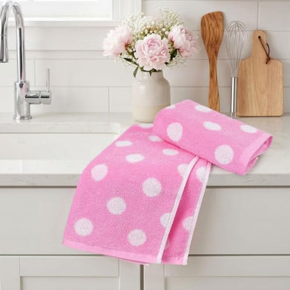 Jacquotha 2-Piece Pink Hand Towels (Polka Dot), Cotton Face Towel, 13"x29" | Cute Cotton Kitchen & Bathroom Towels, Classic Aesthetic Decor
