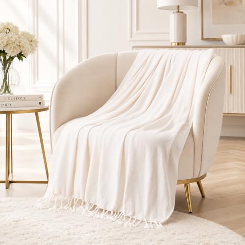 BATTILO HOME Cream White Chenille Throw Blanket, 50 x 60 Inches | Soft Chenille Knit with Handmade Fringe Tassels, Lightweight, Cozy and Less Prone to Tangling for Couch, Bed or Chair - color: Cream White