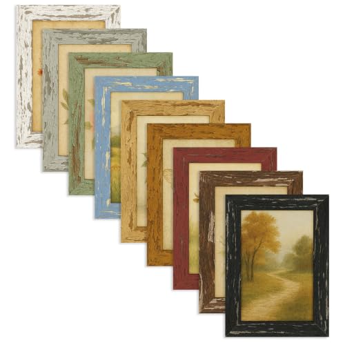 5x7 Rustic Farmhouse Picture Frames with Vintage Prints, Set of 9 | Distressed MDF wood-look frames in assorted colors with acrylic fronts for gallery walls, shelves, desks, or tabletops - color: Multicolour 9, size: 5x7