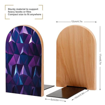 Personalized Purple Geometric Book Ends for Shelves, Large Heavy Duty Wooden Bookends with Non-Skid Metal Base Book Holder Decorative Book Stopper for Home Office Supplies 1 Pair