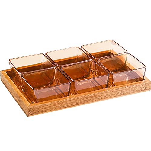 6 Compartment Glass Fruit Bowl with Wooden Tray Creative Snack Serving Tray Divided Serving Platter Reusable Ice Cream Cups Removable Salad Bowls for Snack Candy Nuts Desserts Amber - color: Amber, size: 6 Compartment
