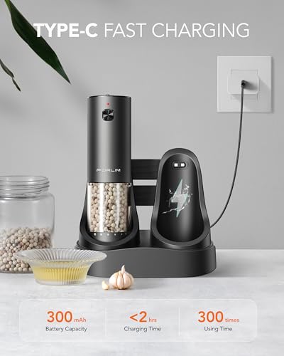 FORLIM 2-Speed Electric Salt And Pepper Grinder Set, External Rotation To Adjust Coarseness, Electric Salt and Pepper Shaker With Charing Base, One-Button Automatic Grinding, Washable Container - color: Titanium Space Gray