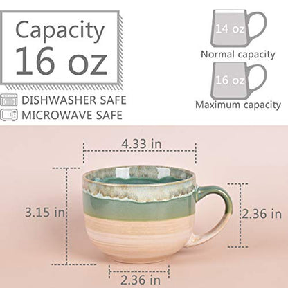 Bosmarlin Large Ceramic Coffee Mug Set of 2, Stoneware Jumbo Latte Mugs for Office and Home, 16 Oz, Dishwasher and Microwave Safe(Green, 2) - color: Green