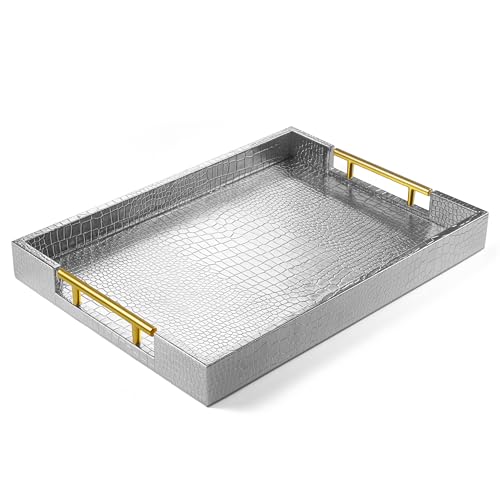 ATZYmolin 17"x12" Leather Serving Tray, Gold Handle Vanity Platter, Silvery | Rectangle Ottoman Decor Tray, Polished Metal Handles, Coffee Table Bathroom Home Decorative Wood Tray - color: Alligator Silver, size: 17" x 12" x 1.8"